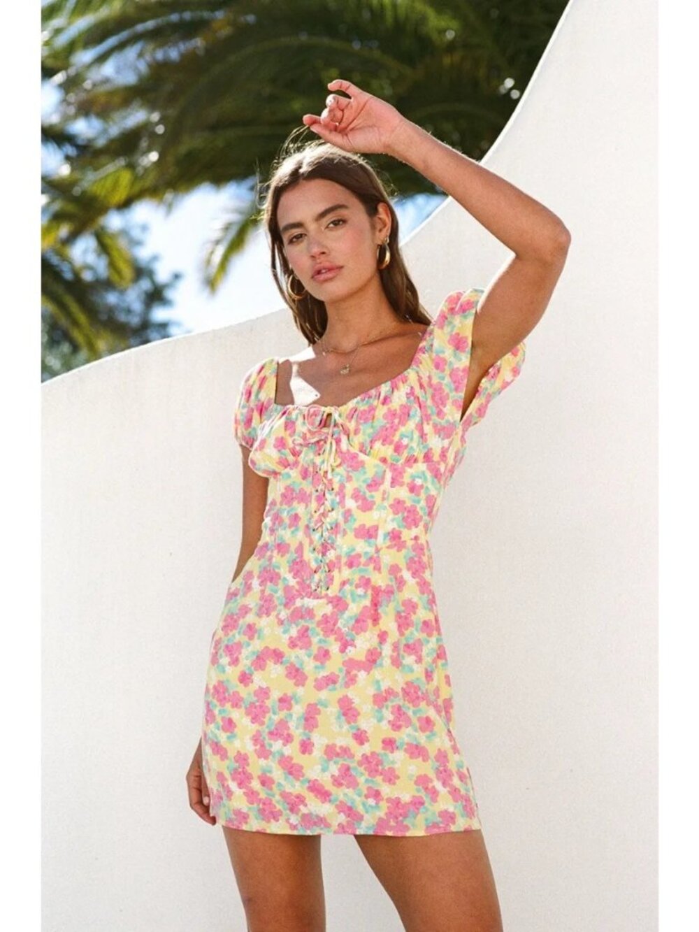 Sabo Meena Mini Dress Size M Lace-Up Front Viscose Lined Cottage Coquette Floral